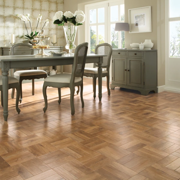 Classic dining room with basketweave flooring