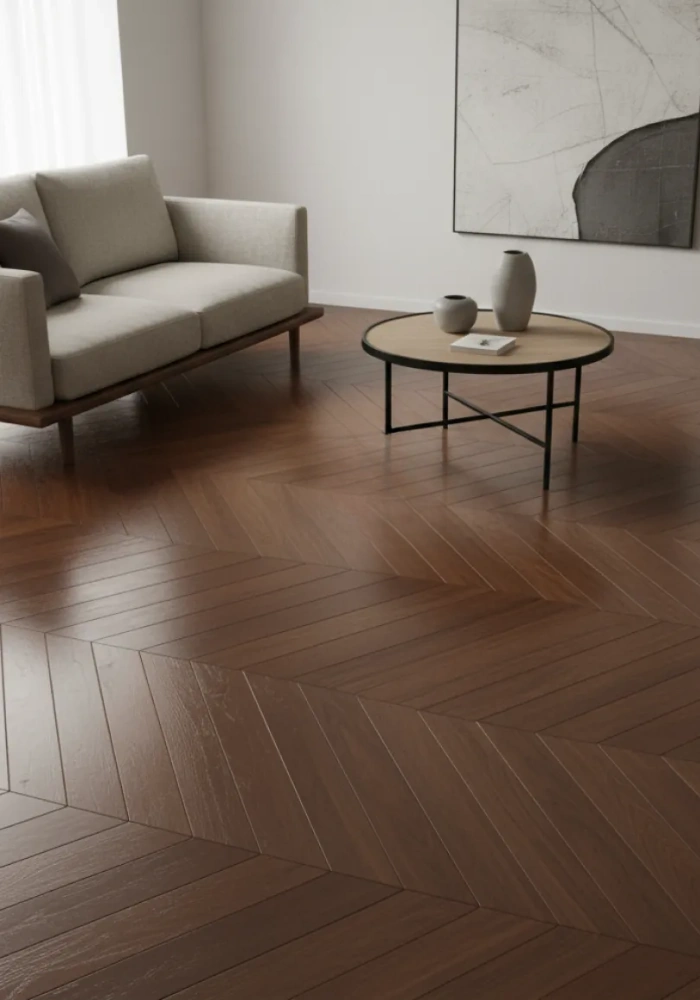 Dark oak chevron parquet flooring in a modern living room