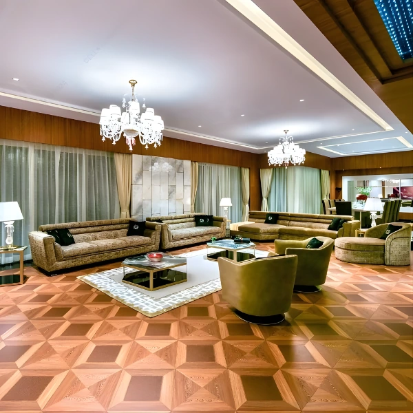 Grand hotel lounge with ornate chandeliers