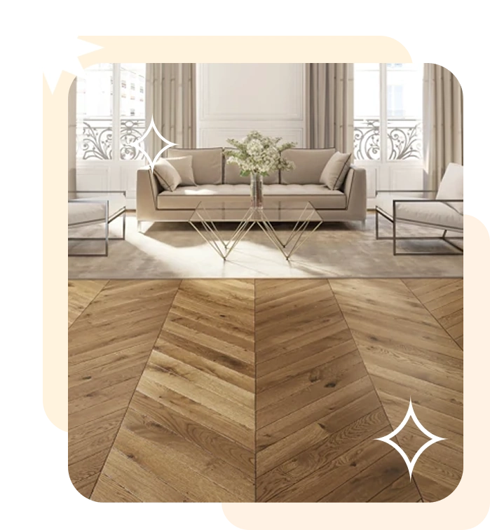 Light oak chevron wood floors in a bright, upscale lounge.