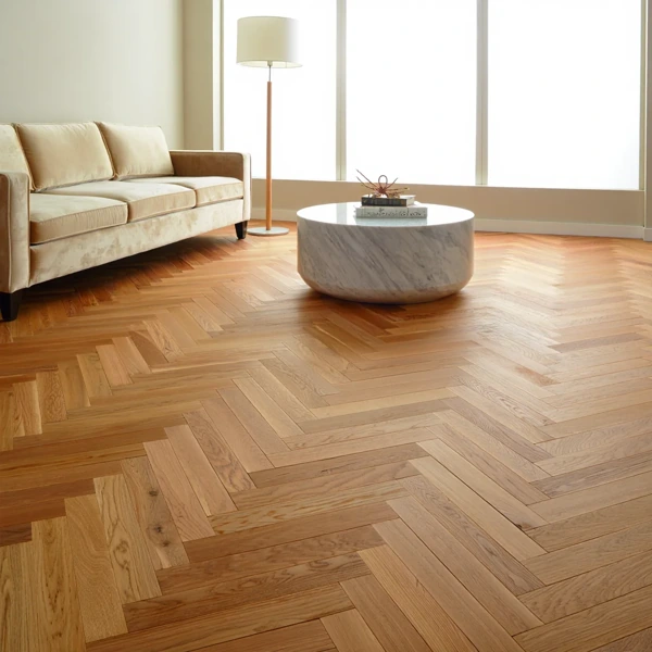 Minimalist living room with light oak parquet.