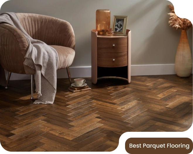 interior scene showcasing dark wood parquet flooring in a herringbone pattern