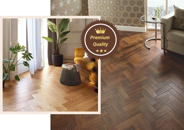 light oak and a dark parquet walnut wood floor, both installed in a classic herringbone pattern