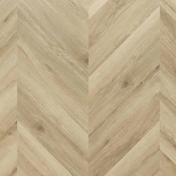 Beige oak chevron LVT flooring sample.