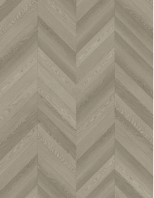 Chevron SPC flooring in a light gray wood finish.