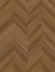 Chevron SPC flooring in a medium brown oak finish.