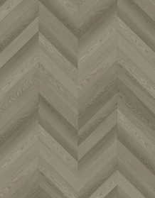 Chevron SPC flooring in a muted grayish-brown wood finish.