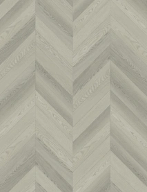 Chevron SPC flooring in a pale ash gray wood finish.
