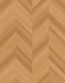 Chevron SPC flooring in a warm natural oak finish.