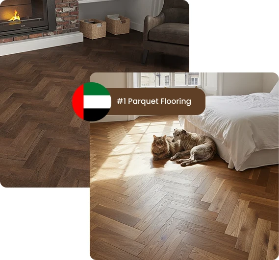 Dark walnut parquet herringbone wood floor by fireplace