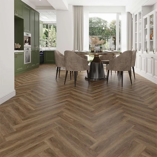 Herringbone SPC flooring in a modern dining room setup