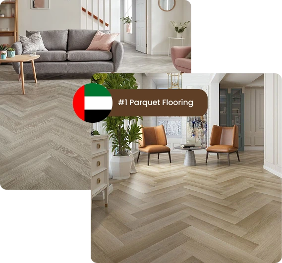 Light grey and beige herringbone parquet flooring in a modern living room.
