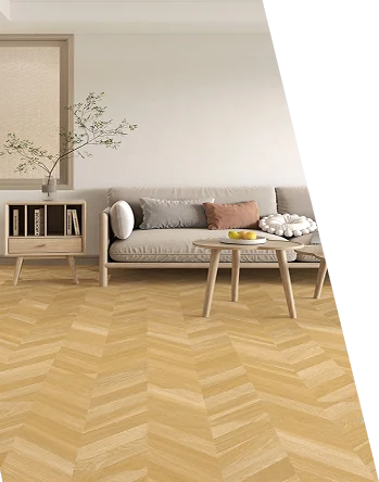 Light oak herringbone LVT flooring installed in a modern minimalist living room