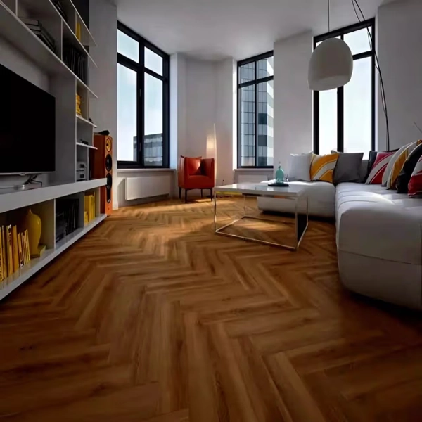 Living room with herringbone wood floor