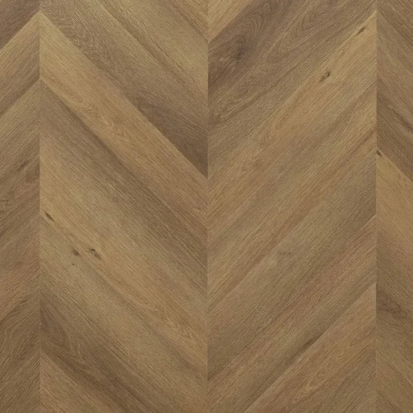Medium brown oak chevron LVT flooring sample.