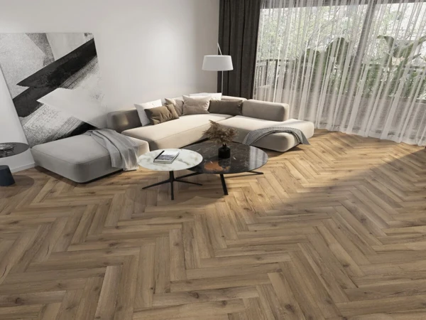 Modern living room interior with herringbone LVT flooring