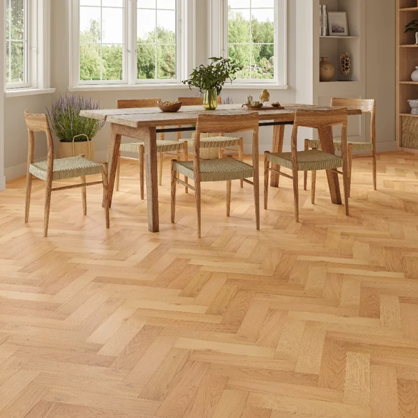 Natural oak herringbone wood floor in Scandinavian dining