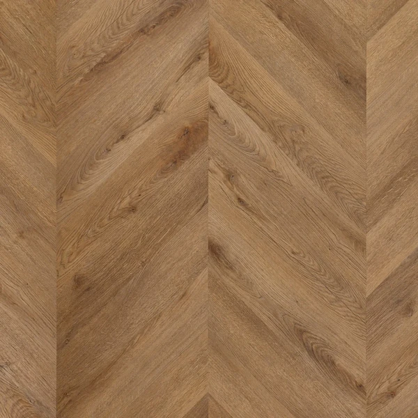 Rich brown oak chevron LVT flooring sample.