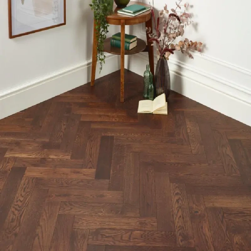 Rich chocolate herringbone bamboo parquet flooring.