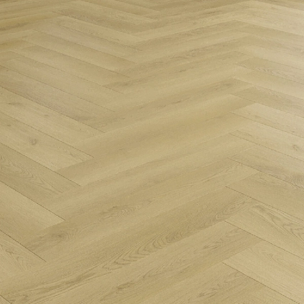 SPC flooring in a light, blonde oak wood grain herringbone design