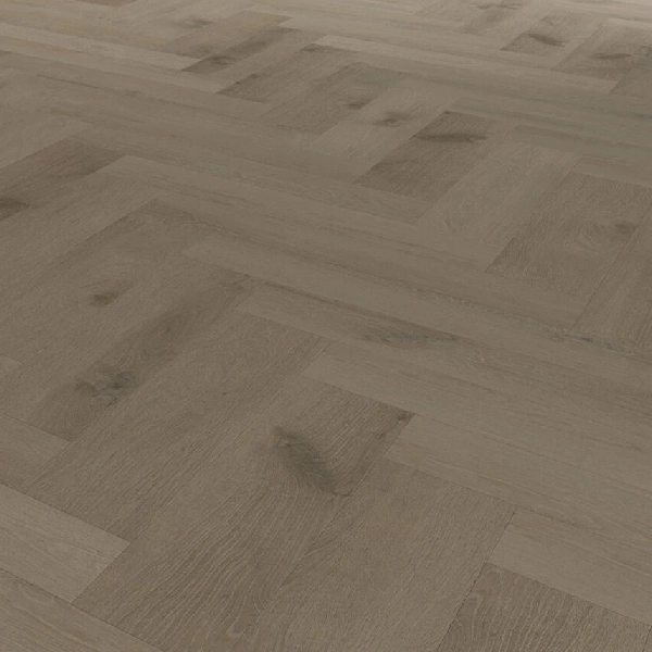 SPC flooring in a muted taupe-gray wood grain herringbone design