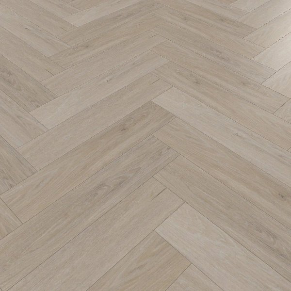 SPC flooring in a smooth, pale blonde wood grain herringbone design