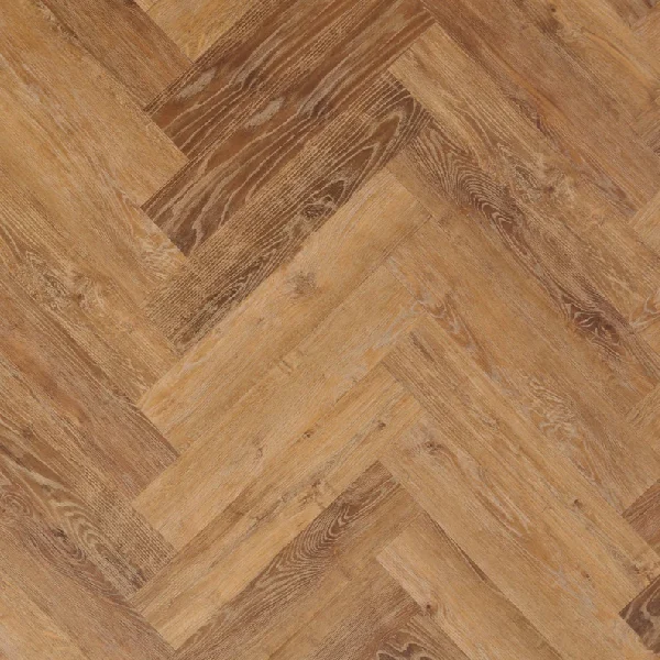 brown, wood-effect LVT flooring in a herringbone pattern