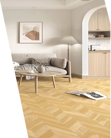 herringbone LVT flooring installed in a modern minimalist living room