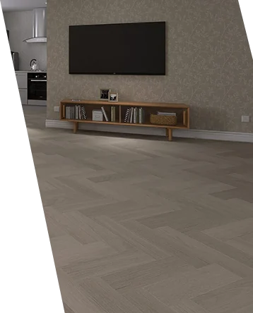 herringbone wood flooring in a modern living room.