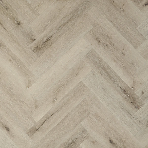 light grey wood-look LVT flooring in a herringbone pattern