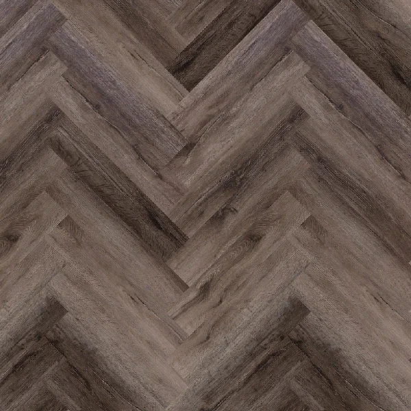 Smoky brown wood-look LVT flooring in a herringbone pattern.