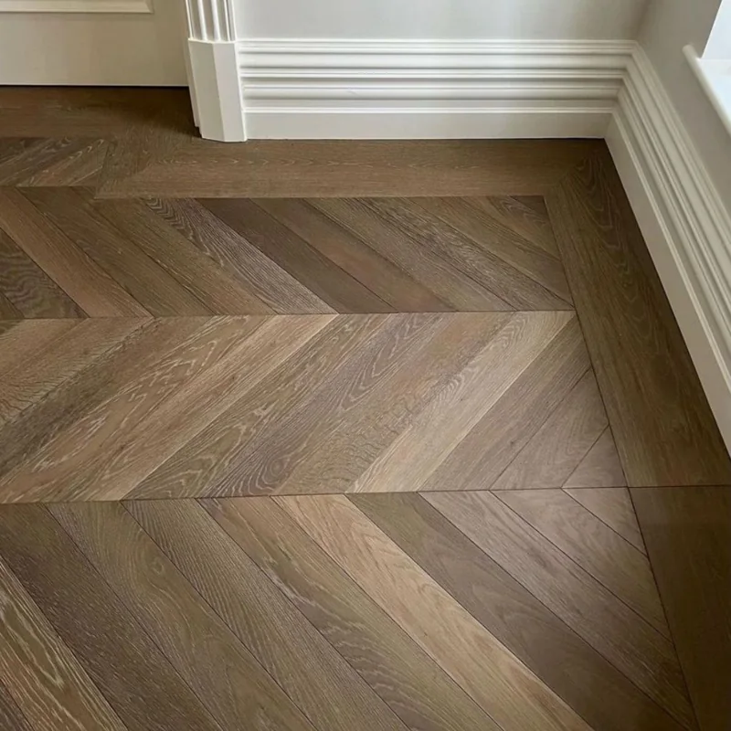 Brown chevron parquet flooring with a matching border