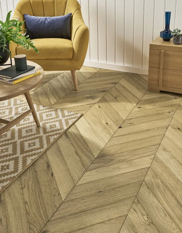 Light oak chevron wood flooring in a modern living room