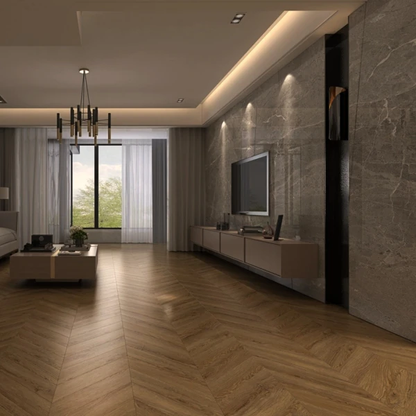 Luxury living room featuring rich brown LVT chevron flooring