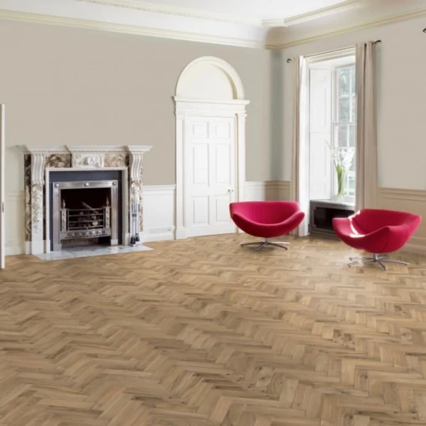 Matt finished oak herringbone parquet flooring in an elegant living room