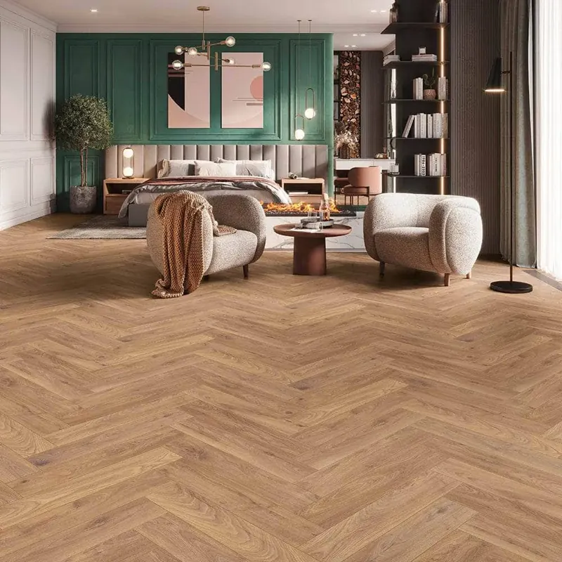 Medium oak chevron parquet flooring in a spacious bedroom