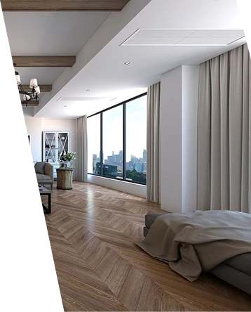 Modern interior featuring natural wood chevron parquet flooring