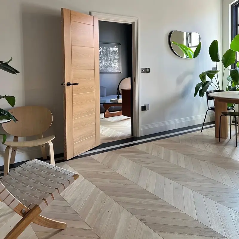 Modern interior with light wood chevron engineered parquet flooring