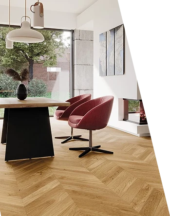 Natural oak chevron parquet flooring in a modern living space
