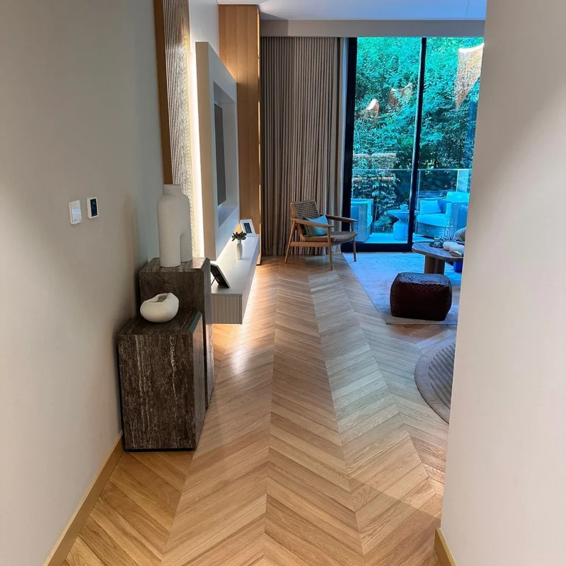 Oak parquet wood floor in a bright living room