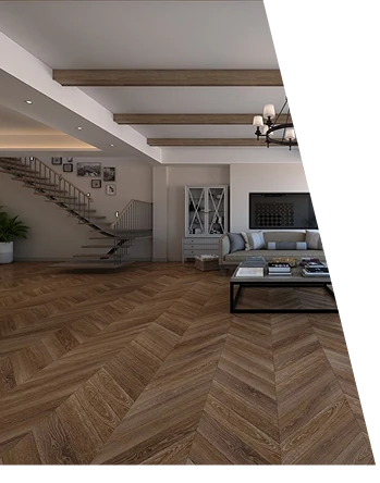 Spacious living room interior featuring chevron parquet flooring