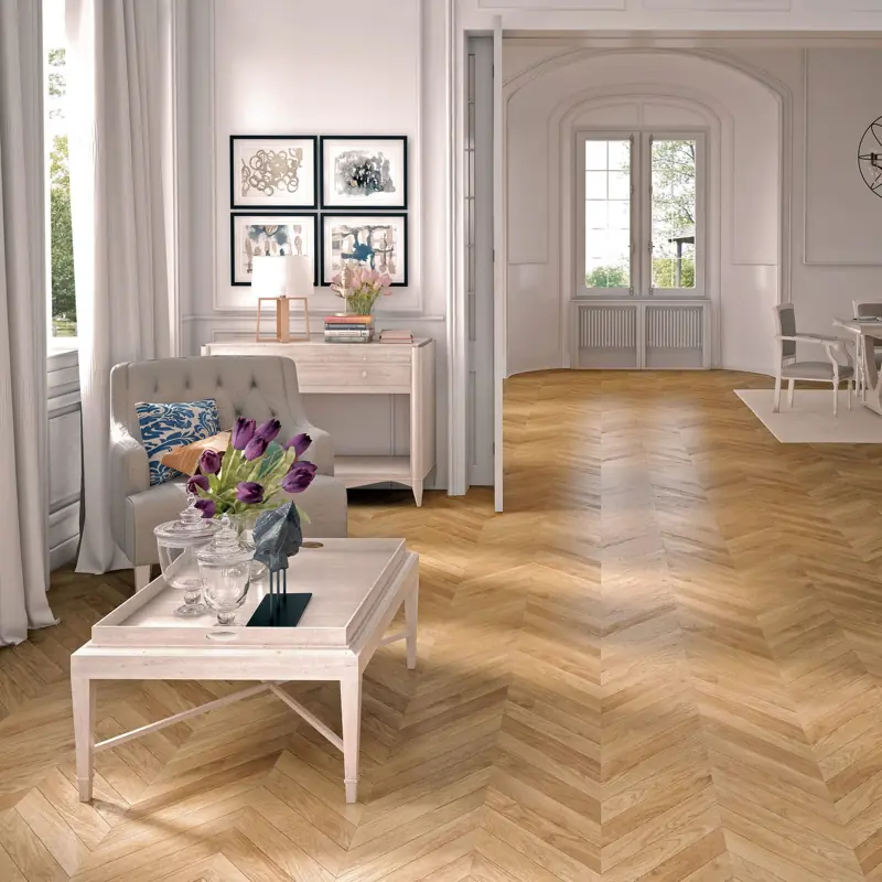 Waterproof chevron parquet flooring in a bright modern living room