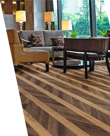 Waterproof patterned parquet flooring featuring alternating light and dark wood tones