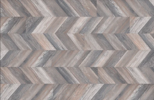 Weathered grey and brown wood chevron flooring texture.